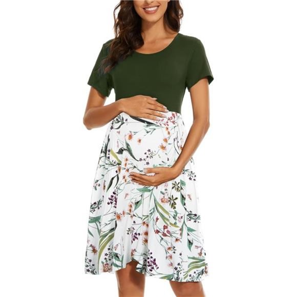Women's Short Sleeve Maternity Dress Patchwork Pregnancy Clothes with Pockets - Picture 4 of 5